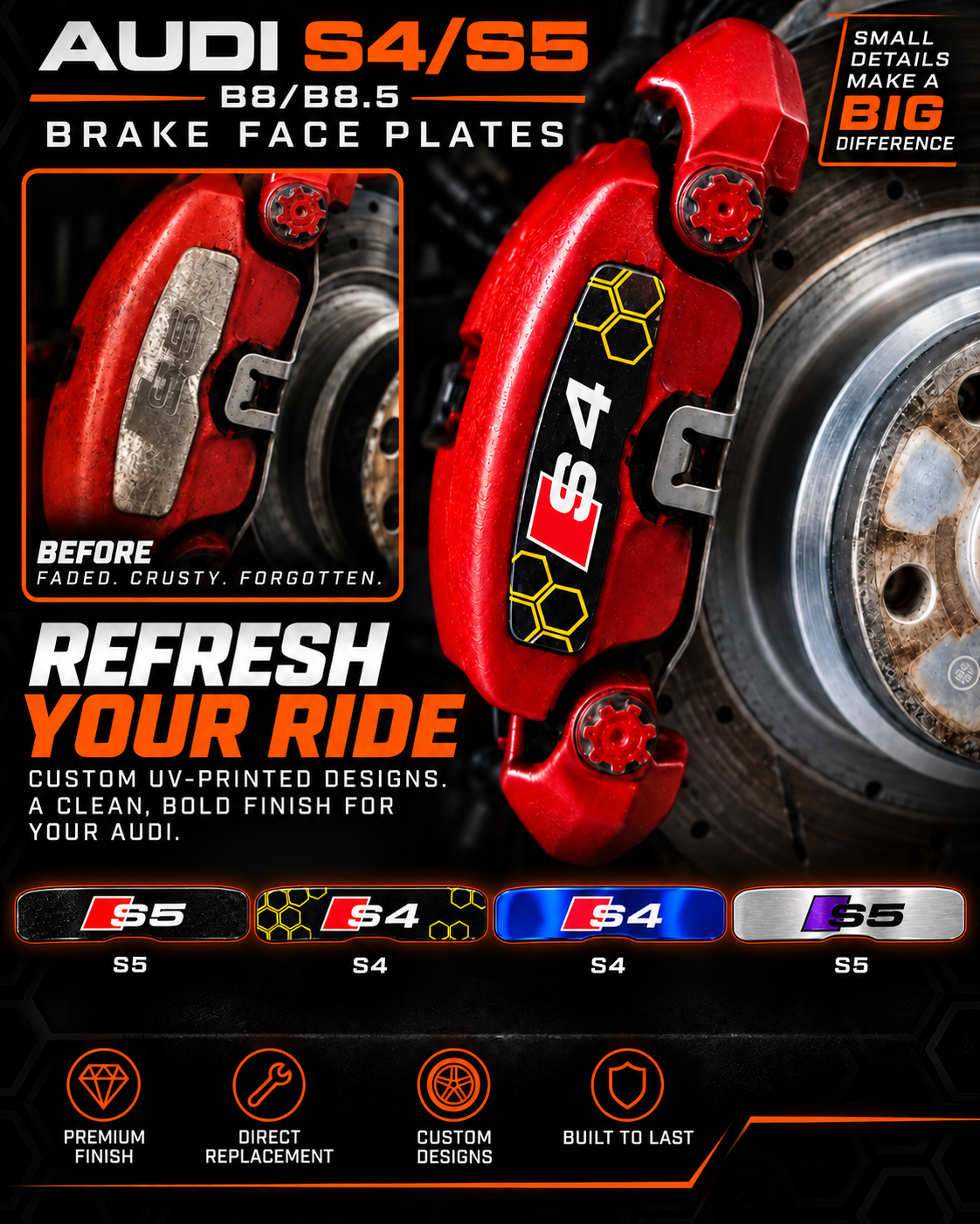 Audi S4/S5 brake face plates promo graphic with black-and-orange styling